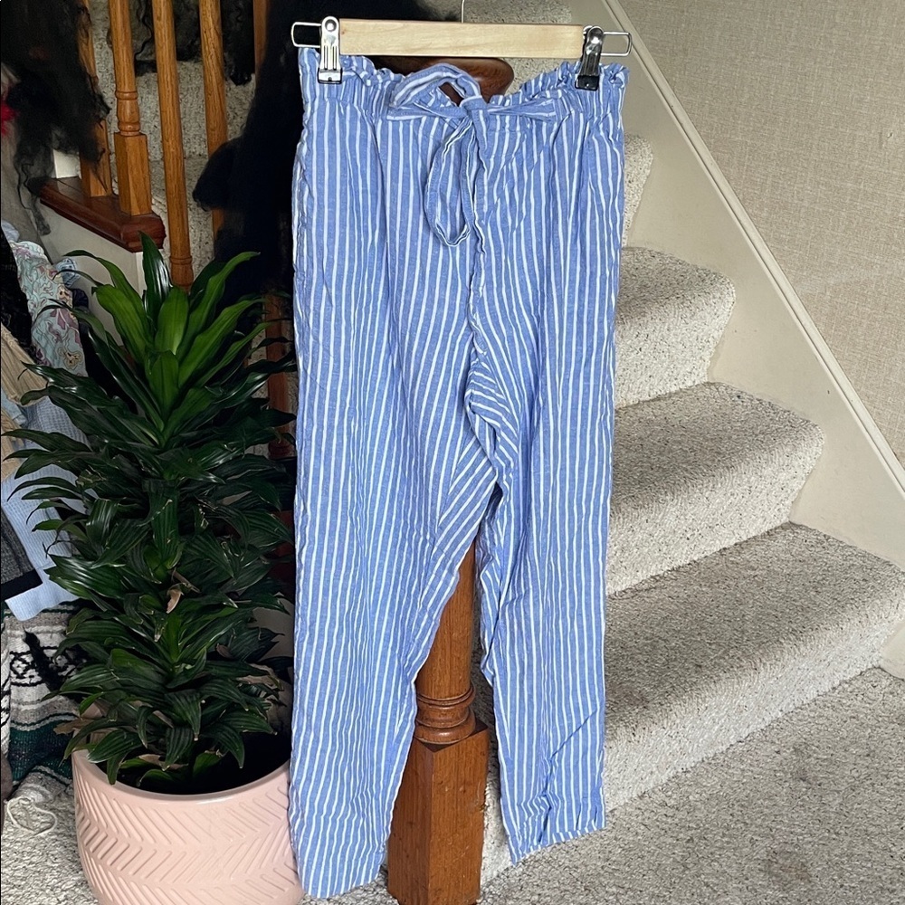 Beachlunchlounge Blue and White Striped Coastal Linen Pants